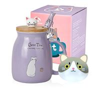 SHENDONG Jolie tasse à café en céramique avec couvercle en bois de chat kawaii et cuillère en acier inoxydable - Tasse fantaisie pour les amoureux des chats (violet)