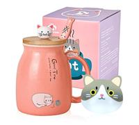 SHENDONG Tasse à café mignonne en céramique avec couvercle en bois en forme de chat Kawaii et jolie cuillère en acier inoxydable - Tasse à café au lait et à thé - Tasse à café en forme de chat 3D pour