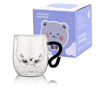 SHENDONG Tasses à café en verre avec poignée en forme de chat mignon - Double paroi isolée - Cadeau pour un anniversaire, la Saint-Valentin et le bureau (chat blanc)