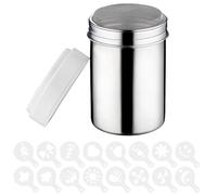 SHENGYIG Salière à sucre en acier inoxydable 304 avec 16 pochoirs - Tamis à farine à mailles fines et couvercle - Saupoudreur de cacao multifonction pour pâtisserie, cuisine, café et restaurant