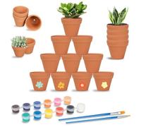 Sheryl&Rain 24 Pièces Mini Pots de Fleurs en Terre Cuite, 3,5 x 3 cm Pot de Plante Terre Cuite avec 12 Couleurs et 2 Pinceaux, Petit Pot de Fleur en Argile avec Trou de Vidange pour Cactus Succulentes