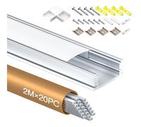 Shine Plus Profilé LED encastrable forme de U 2 m, rail en aluminium anodisé, canal pour bandes jusqu'à 12 mm, diffuseur pour une répartition uniforme de la lumière (20 × 2 Meter)