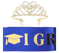 SHINEOFI Couronne de Remise de Diplôme en Alliage et Satin, Bleu, 2023 | Accessoire de Fête pour Cérémonies et Soirées, Peignes Latéraux, Lettres Grad, Strass Cristallins