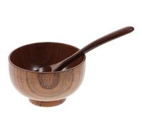 SHINEOFI Lot 2 Bols en Bois à Riz et Cuillères en Bois d'Acacia Légers et Résistants aux Fissures Grain Naturel Délicat pour Maison et Restaurant