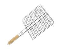 SHINEOFI Panier à Poissons de Camping Grille Barbecue INOX Manche Bois | Surface Lisse, Nettoyage Facile, Isolation Thermique, pour Steak et Aliments, Usage Extérieur