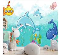 SHINERING Papier Peint Dessin Animé Dessiné À La Main Pour Chambre D'enfant Monde Sous-Marin Dauphin Chambre D'Enfant Papiers Peints Décor À La Maison Murale 350cm(L)×245cm(H)