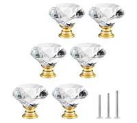 ShipeeKin Lot De 6 Bouton de Meuble Cristal Poignées de Meubles | Placard en Cristal de 30 mm Forme de Diamant avec Base d'or Boutons d'armoire en Verre Transparent