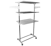 SHISHI Étendoirs à Linge sur Pied 3 Niveaux,Pliable et Portable,Sechoir à Linge avec Ailes Latérales,Acier Inoxydable et Plastique, Sechoir a Vêtements Intérieur/Extérieur (75×44×158 cm Blanc-Gris E)