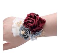 Shiwaki Fournitures De Mariage Décoration Fille Demoiselle d'honneur Poignet Fleur De Bal Parti Petit Thé Rose Poignet Fleur De Mariage Décoration Cadeau (Vin Rouge)