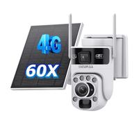 SHIWOJIA 4G LTE Caméra Solaire【Double Objectif】 avec Carte Sim, 10050mAh 60X Zoom Camera Extérieure sans Fil, PIR Détection de Personne, 50M Vision Nocturne IP66 (Non WiFi)