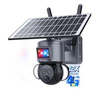 SHIWOJIA Camera Solaire Exterieur 4G sans Fil, 6MP Camera 4g + 12X Zoom + Double Objectif Caméra + Détection Humaine PIR + lumières Clignotantes Rouges et Bleues