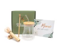 SHIZUNA Kit Matcha & Ube Complet - Verre Borosilicate 550ml Ondulé, Fouet Chasen Bambou avec Étui, Cuillère Chashaku, Paille en Verre - Coffret Cadeau Thé Matcha Japonais