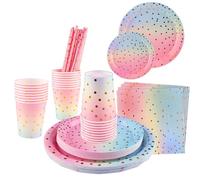 Shodiffy Assiette Anniversaire, 125 Pièce Vaisselle Jetable Assiettes et Coupe Serviette Paille La pour Party Noël Mariage,Enfant 25 Invités
