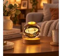 Shop-UP! Lampe Saturne 3D grande boule de cristal avec base et lumière LED USB, boîte cadeau incluse, lampe de nuit