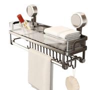 Shower Rack Organizer, Suction Cup Shower Caddy, Basket Holder Tray with Strong Suction, Rustproof Metal Basket, Bathroom Storage with Hanging Hooks, Accessories for Bathtub Gym RV