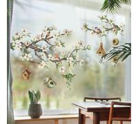 SHUCHING Stickers Fenêtre Branche de Fleur Blanche, Autocollants Fenêtre Réutilisable Fleurs et Oiseaux Décoration Électrostatiques Vitre Salle de Bain