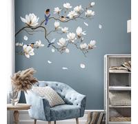 SHUCHING Stickers Muraux Fleurs de Magnolia Blanches | Autocollant Mural Branche de Magnolia, Décoration Murale Salon Chambre Adulte