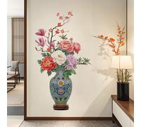 SHUCHING Stickers Muraux Fleurs de Pivoine Grands, Autocollant Mural Fleurs en Vase 3D, Décoration Murale Style Chinois pour Chambre Salon Porte