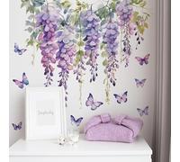 SHUCHING Stickers Muraux Fleurs Violettes, Autocollants Mural Glycine et Papillon, Décoration Murale pour Chambre Salon Cuisine
