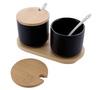 SHUESS Lot de 2 boîtes de conservation en céramique - Noir - Avec cuillère et couvercle en bambou - Pour thé, sucre, sel, épices - 260 ml