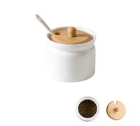 Shuqio Pots à épices en céramique avec couvercle, boîte à sucre blanche | Boîte à café hermétique avec une petite cuillère en céramique pour café, sucre, thé, épices, etc. (180 ml, 6,8 x 8 cm)