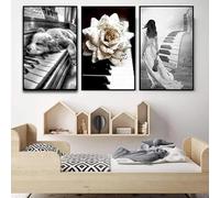 SHUYINGHENGXIE Noir et blanc Piano fleur musique impression Art mural toile salon affiche photo décoration de la maison sans cadre-40x50cmX3
