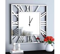 SHYFOY Horloge murale avec miroir carré moderne, grande horloge murale sans tic-tac, design en verre et miroir, 80 x 80 cm, salon, salle de bain, argenté