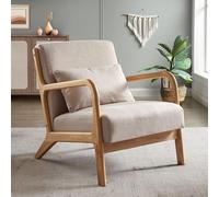 Sicaan Fauteuil Scandinave Vintage Marie 65 x 84 x 74 cm - Tissu Effet Lin Beige 100% Polyester - Bois D’Hévéa Clair - Coussin Inclus - Assise 40 cm - Charge 125 kg - Salon Chambre Bureau - Kit