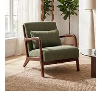 Sicaan Fauteuil Scandinave Vintage Marie 65 x 84 x 74 cm - Velours Côtelé Kaki 100% Polyester - Bois d’Hévéa Finition Noyer - Coussin Inclus - Assise 40 cm - Charge 125 kg - Salon - Kit