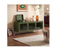 Sicaan meuble tv industriel en métal 130cm 3 portes, vert olive et verre trempé ezra