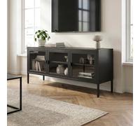 Sicaan Meuble TV Industriel Ezra 130 x 40 x 55 cm - Acier Noir 0,6 mm - 3 Portes Verre Trempé Cannelé 3,5 mm - 3 Niches - Passe-Câble Intégré - Charge 100 kg - Pieds 15 cm - Kit