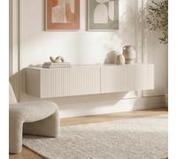 Sicaan Meuble TV Suspendu Leya 160 x 32 x 29 cm - Beige À Tasseaux - Panneaux De Particules Et MDF Mélaminés 15 mm - 2 Compartiments - Push-to-Open - Pose Murale Ou Au Sol - Charge 45 kg - Kit