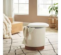 Sicaan Pouf Coffre de Rangement Juliette en Tissu Bouclette Blanc Base en Bois Foncé - Repose-Pieds Scandinave Cosy - Tabouret Coffre Élégant Polyvalent pour Salon, Chambre ou Bureau - 38x42x34,5 cm