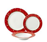 Sicignano Charme Noël Service d'assiettes 18 pièces en céramique rouge | Pour 6 personnes, volant rouge avec étoiles, lavable au lave-vaisselle, compatible micro-ondes, comprend des assiettes à