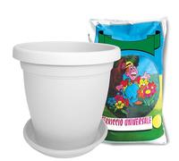 Sicignano - Vase rond avec soucoupe et terreau, plastique 100 % recyclable, drainage réglable, design moderne classique, intérieur extérieur, pour plantes fleurs jardin (blanc, 25 cm)