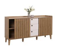 Sideboard HWC-M48, commode, porte coulissante compartiment de rangement, bois massif de manguier MDF 81x150x40cm naturel, tiroirs blancs