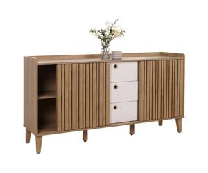 Sideboard HWC-M48, commode, porte coulissante compartiment de rangement, bois massif de manguier MDF 81x150x40cm naturel, tiroirs blancs