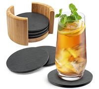 Sidorenko Dessous de Verre Ardoise Rond - Lot de 6 avec Boîte Bambou - sous-Verre Design Ø 9,9 cm en Pierre Naturelle, Patins Anti-Rayures, sous Tasse pour Verres, Boissons, Bar & Café