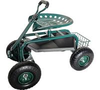 Siège de jardin mobile Relaxdays, réglable en hauteur, 150 kg, espace de rangement, guidon, acier, pneus gonflables, chariot de jardin, vert