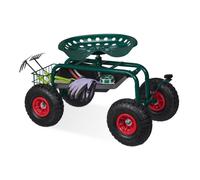 Siège de jardin mobile Relaxdays, réglable en hauteur, 150 kg, espace de rangement, siège à roulettes pour le jardinage, acier, pneus gonflables, vert