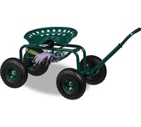 Siège de jardin mobile Relaxdays, réglable en hauteur, 150 kg, espace de rangement, siège à roulettes pour le jardinage, acier, pneus gonflables, vert