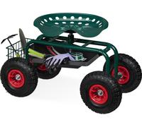 Siège de jardin mobile Relaxdays, réglable en hauteur, 150 kg, espace de rangement, siège à roulettes pour le jardinage, acier, pneus gonflables, vert