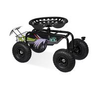 Siège de jardin mobile Relaxdays, réglable en hauteur, 150 kg, espace de rangement, siège à roulettes pour le jardinage, acier, pneus gonflables, noir