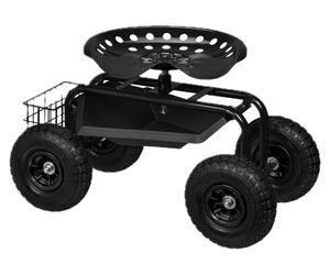 Siège de jardin mobile Relaxdays, réglable en hauteur, 150 kg, espace de rangement, siège à roulettes pour le jardinage, acier, pneus gonflables, noir
