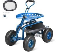 VEVOR Siège de Jardin Roulant Pivotant à 360° Tabouret de Jardinage sur Roues Gonflables 25,4 cm Chariot avec Siège 760x450x960 mm Poignée Extensible Plateau à Outils pour Terrasse Cour Extérieur Bleu