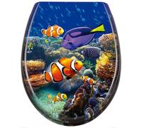 Siège de toilette - Duroplast pour toilettes standard de forme ovale - Système de descente automatique - Antibactérien - Adaptable à la plupart des modèles - Montage facile - Motifs de poissons coloré