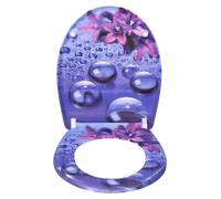 Siège de toilette - Siège de WC de forme ovale - Plastique - Système de descente automatique - Système de fixation rapide - Charnière réglable à 360° - Avant fermé - Couleur violet avec motifs de gout