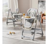 Siège haute pour bébé - Plateau de table réglable - Siège rehausseur convertible - Structure métallique robuste - Roulettes avec frein - Assise rembourrée - Gris