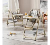 Siège haute pour bébé - XCZY8122 - Plateau de table réglable - Converti en rehausseur de siège - Structure en métal - Roues avec freins - Assise rembourrée - Couleur kaki