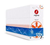 Siemens-Signia Lot de 120 piles pour appareils auditifs, type 13, orange, fabriquées en Allemagne, avec chiffon de nettoyage, sans fil, sans mercure